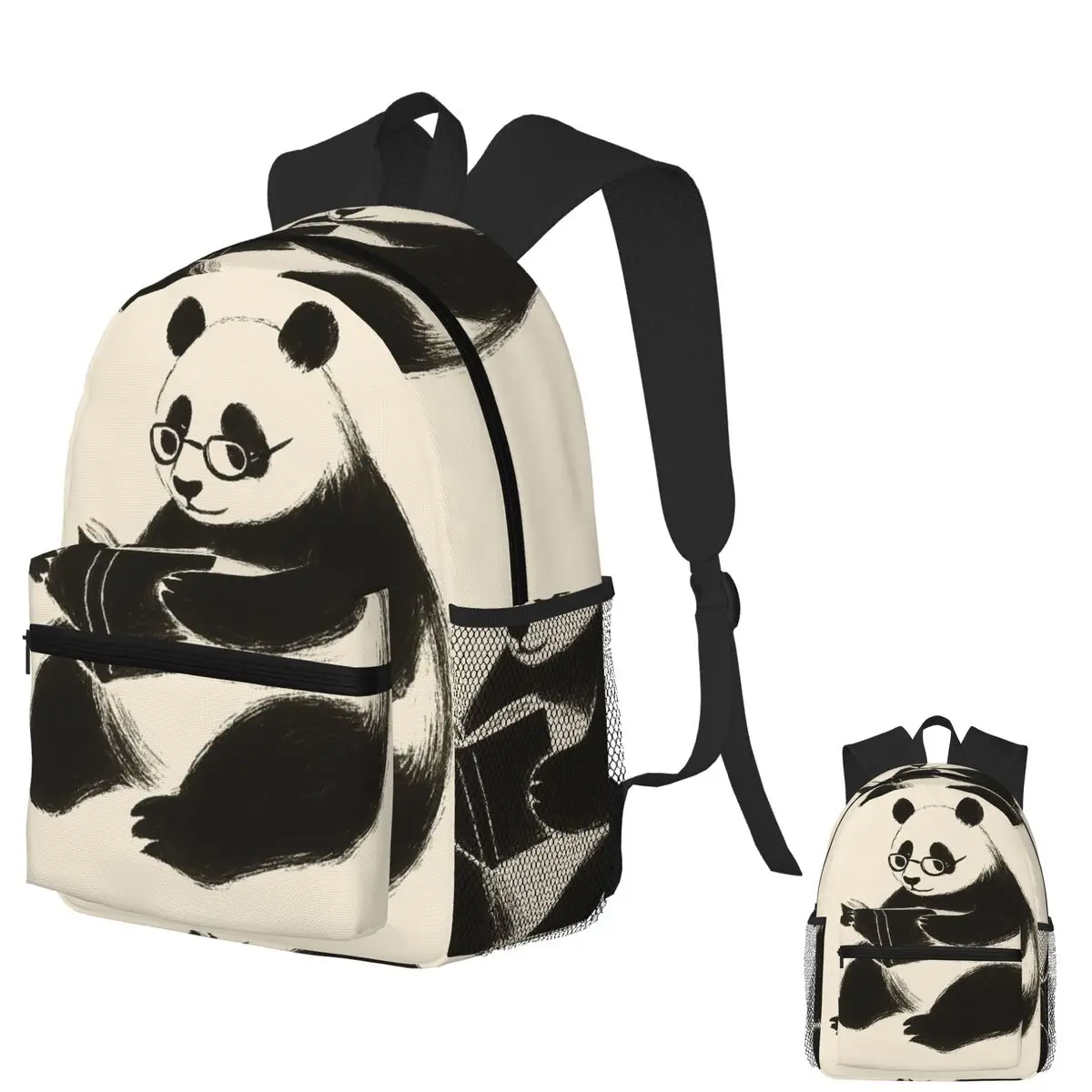 

Wise Panda With Book Minimalist Brush Illustration Student Backpack School Bag Hiking Travel Daypack Bookbag Shoulder Bags