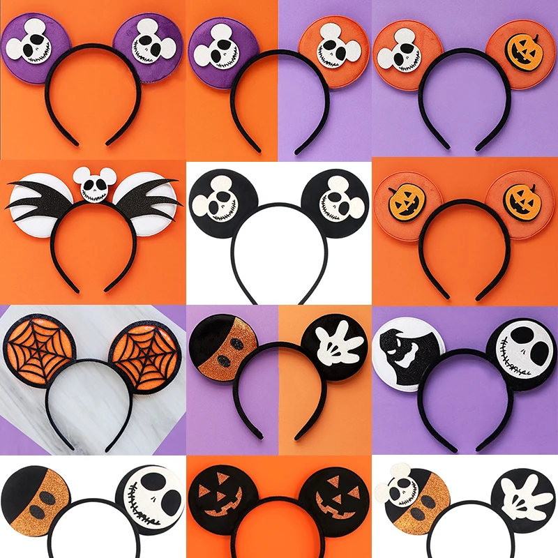 Disney Halloween Pumpkin Mickey Mouse Ear Headband For Adults Kid Witch Bat Hairband Women Girls Ghost Skeleton Hair Accessories