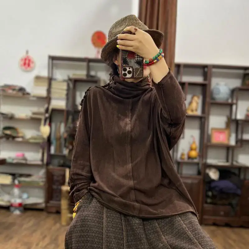 الخريف الشتاء الفنون نمط المرأة طويلة الأكمام فضفاضة الياقة المدورة القمم تيز الإناث عادية المرقعة تصميم تي شيرت جودة عالية F129 #4