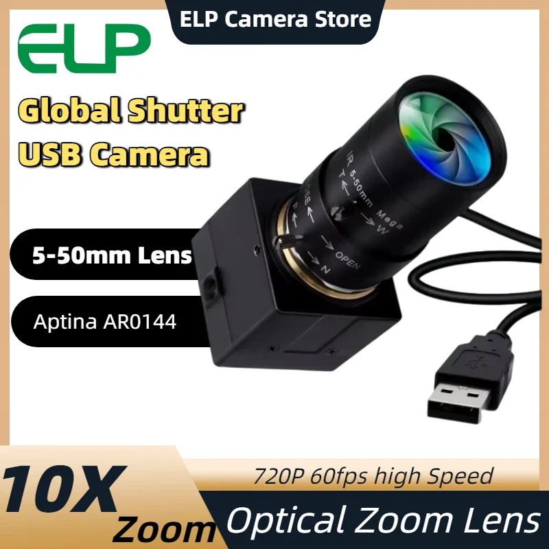 ELP Global Shutter 720P 60fps Monochrome USB Camera 5-50mm Manual Zoom for Home Security Surveillance