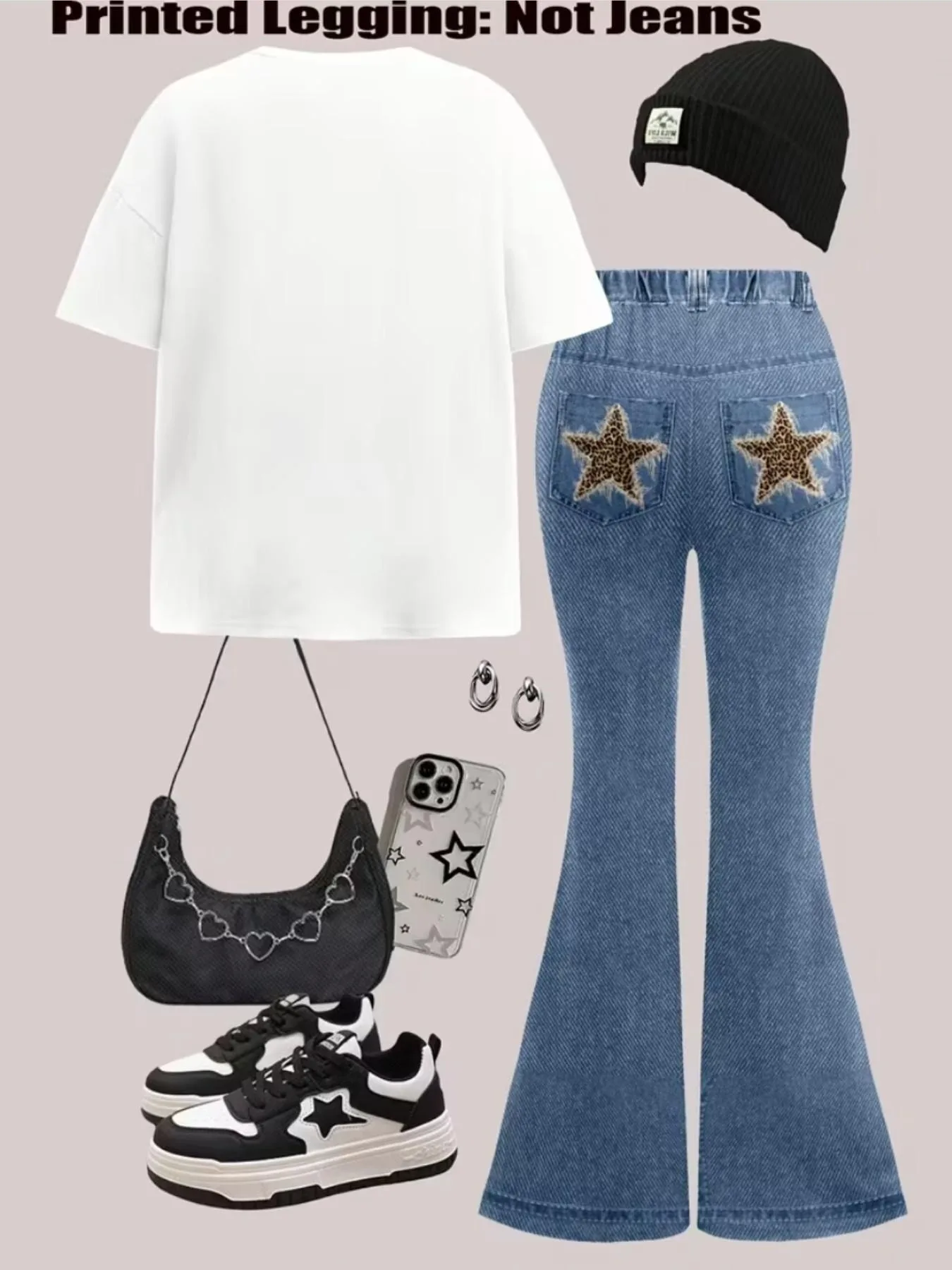 Kids Girls 2-Piece Leopard Star Print Short Sleeve T-shirt & Denim Look Flare Leggings Set Summer Casual Y2K Streetwear Co-ord O