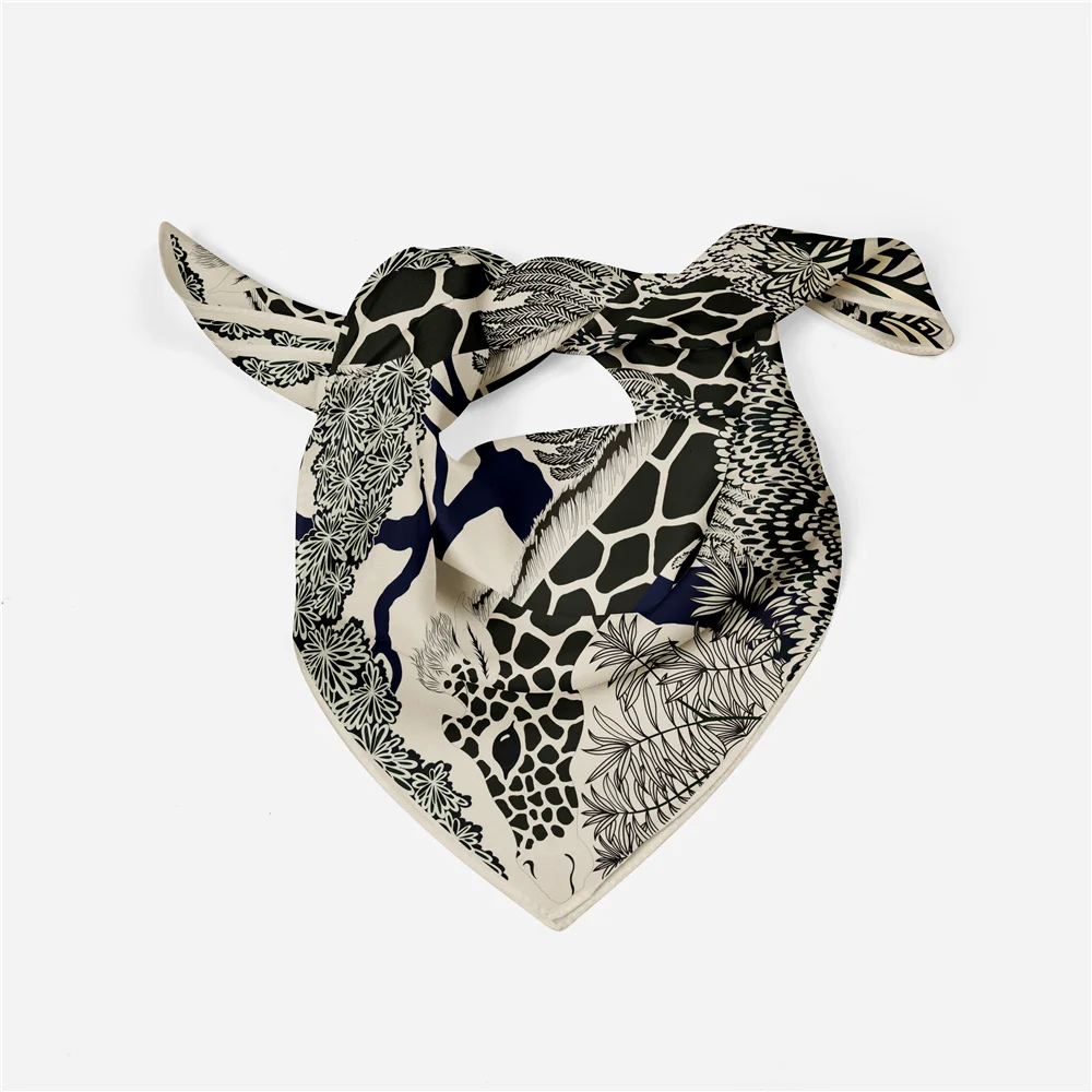 53cm Brand Giraffe Square Scarf Woman 2024 Design Silk Scarf Women Bandana Luxury Headband Hijab Neckerchief