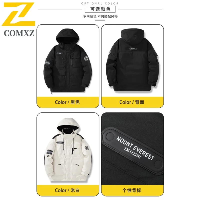 COMXZ Classic Hooded Luxury Men Down Coat Outdoor Camping Cold Protection Jacket Pure Color Design Trekking Warm Winter Coat