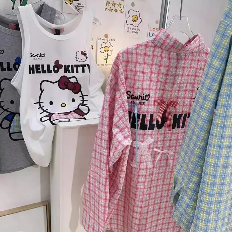 New Kawaii Anime Hello Kitty Sanrio Loose Inner Tops Cute Cartoon Character Ktcat Printed Sleeveless Vest T-Shirt Girls Clothes image 5