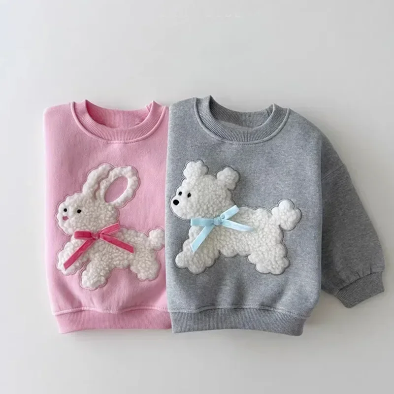 

Korean Girls Long Sleeved Top for Autumn and Winter New Cartoon Printed Round Neck Pullover for Babies Cute Hoodies