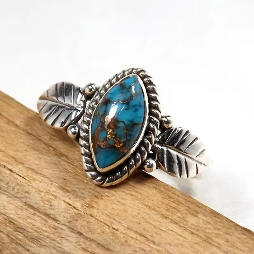 Bohemia Retro Geometry Marquise-shaped Imitation Turquoise Leaves Rings for Women Status Symbol Finger Jewelry Accessories Gift