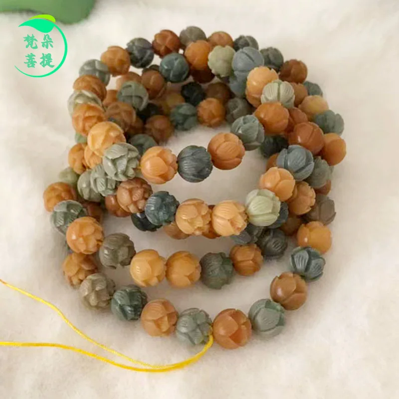 

White Jade Root Colorful Carved Buddha Beads Bodhi Seed Bracelet