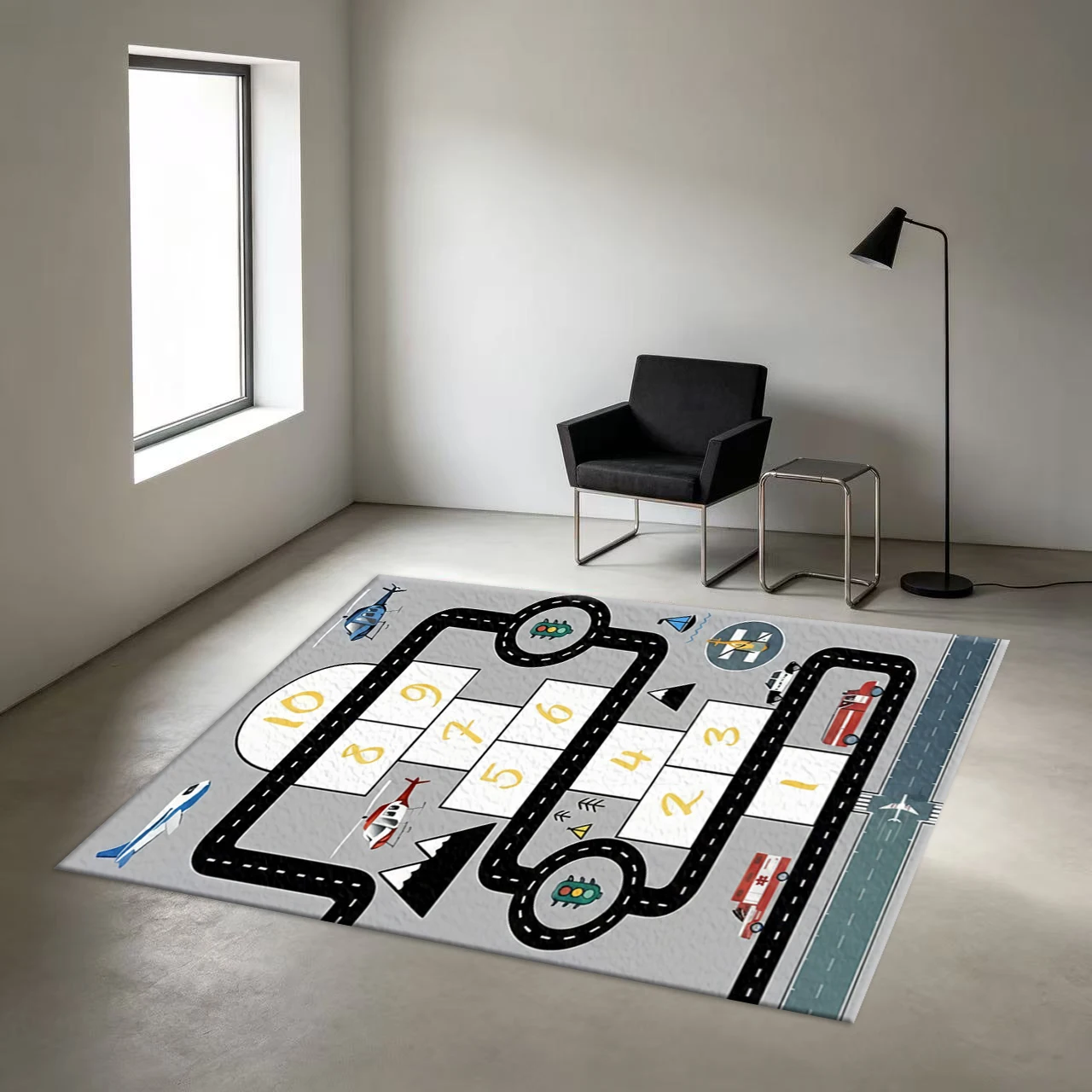 Children's Hopscotch Traffic Vehicle Game Carpet Cartoon Car Airplane Helicopter Square Carpet Soft Non-Slip Floor Mat Suitable for Kids' Bedroom Playroom