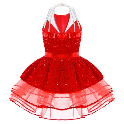 Imagen 2 del producto Leotardo con falda de Ballet sin mangas para niña, vestidos de tutú de baile brillantes, leotardo de gimnasia con lentejuelas, disfraz de actuación de patinaje artístico