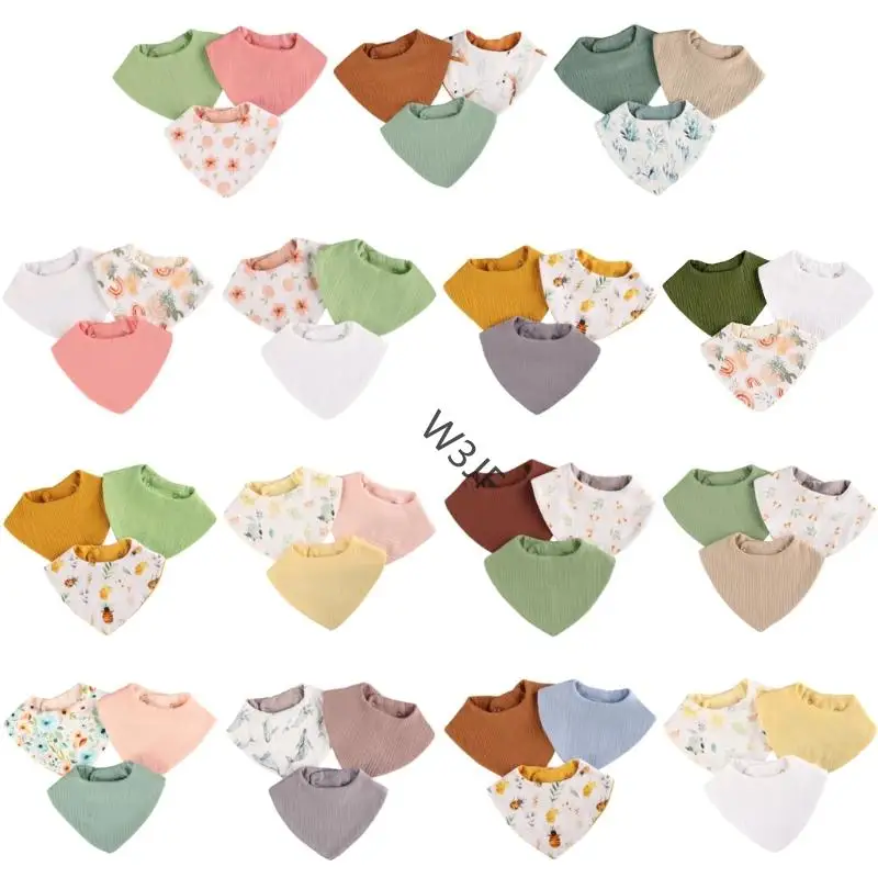

W3JF 3 Pack Baby Bib Set Cotton Droll Bibs Adjustable Buttons Trendy Baby Scarf Bibs