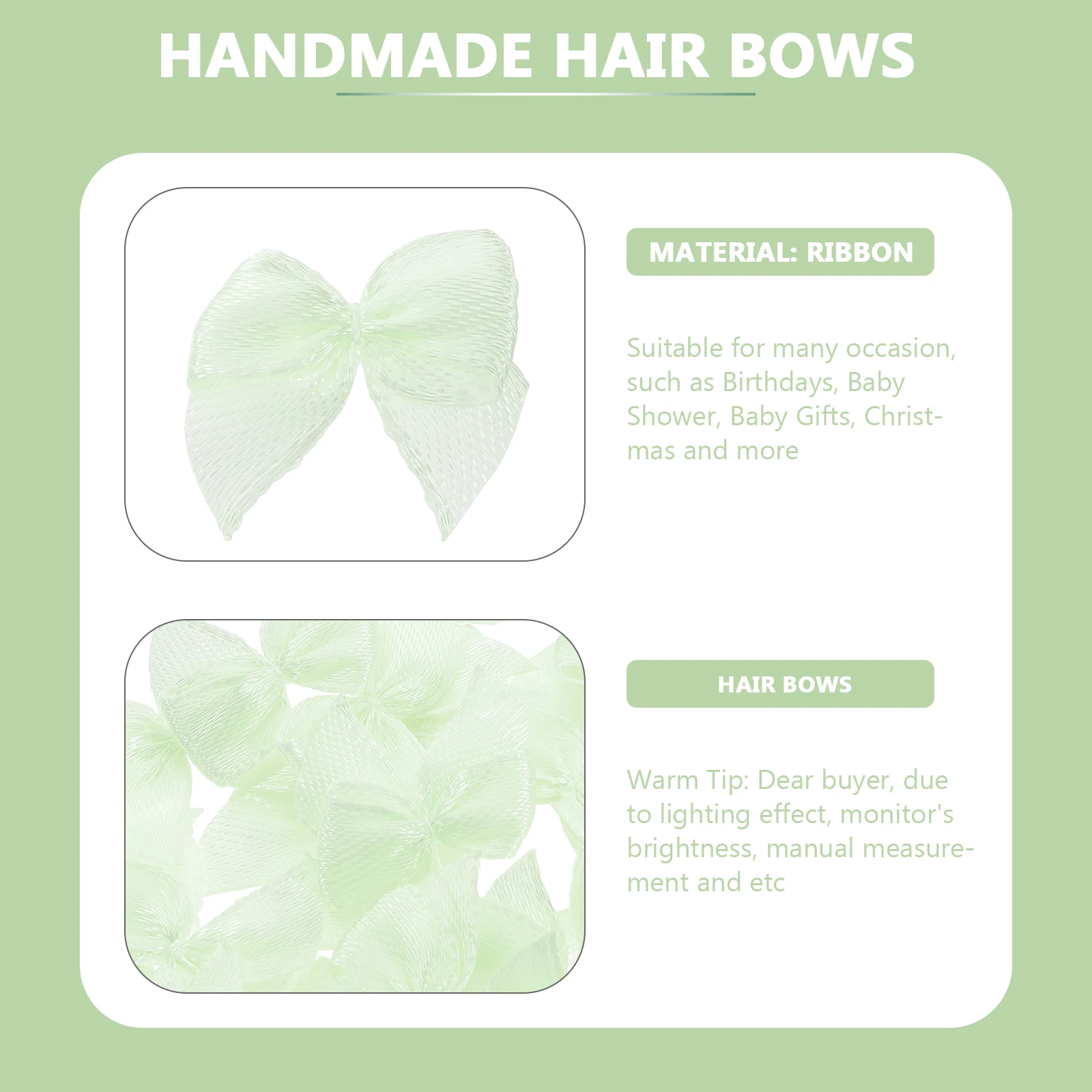 

60Pcs Butterfly Ribbon Bows Handmade Bright Color Hair Accessories for Girls Light Green Suitable for Party Wedding Christmas