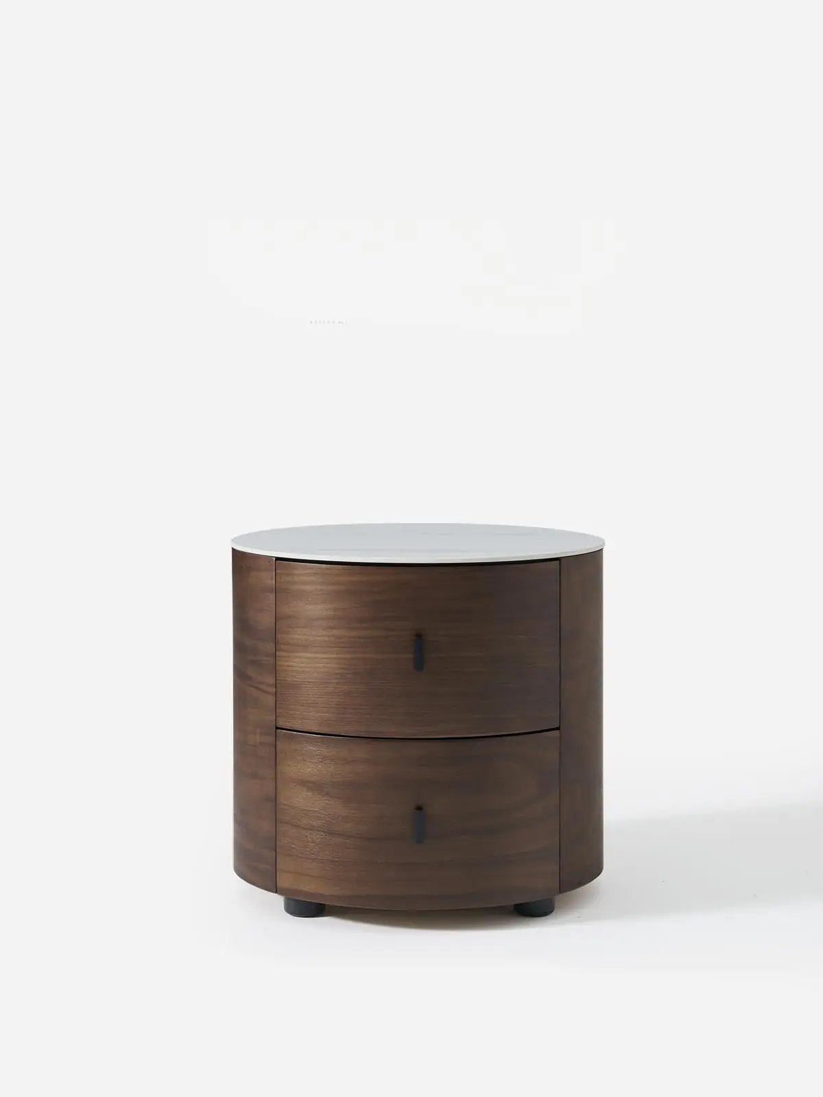 Multi-Layer Wood &Eco-Friendly Easy Clean Design Italian Minimalist Nightstand Walnut Round Bedside Table with Stone Top