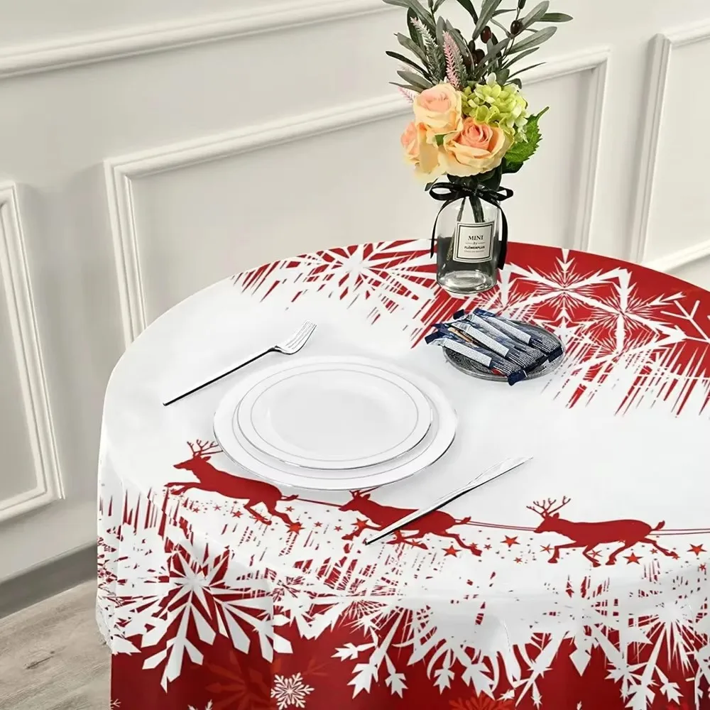 

Holiday printed circular tablecloth Christmas tree reindeer sled winter snowflake Santa Claus circular tablecloth washable polye