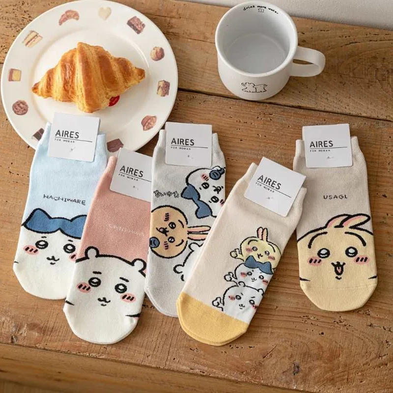 5 pares de calcetines Chiikawa Usagi Hachiware calcetines náuticos mujeres verano Casual calcetines tobilleros bajos algodón transpirable calcetín absorbente de sudor