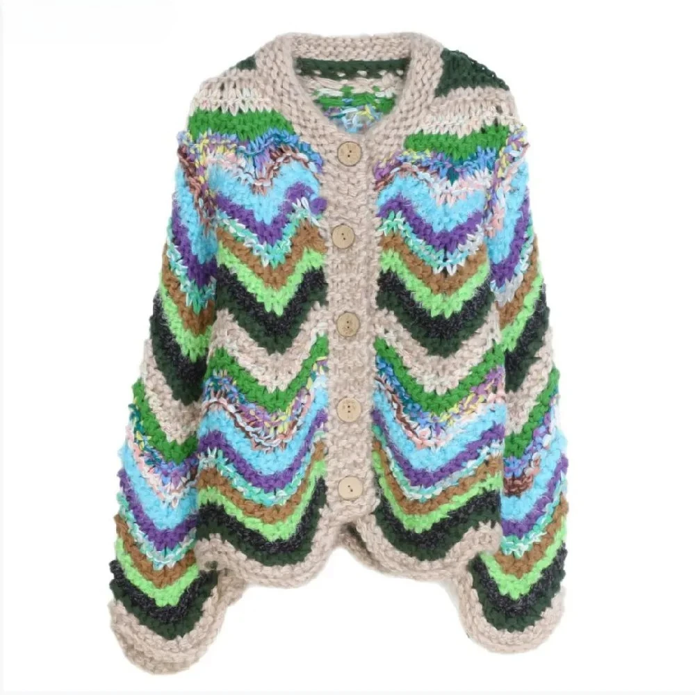 

Contrast color Stripes Lantern Sleeve Hand Crochet Cardigan Ethnic Woman O neck Open Buttons Sweater Loose Knitwear Jumper