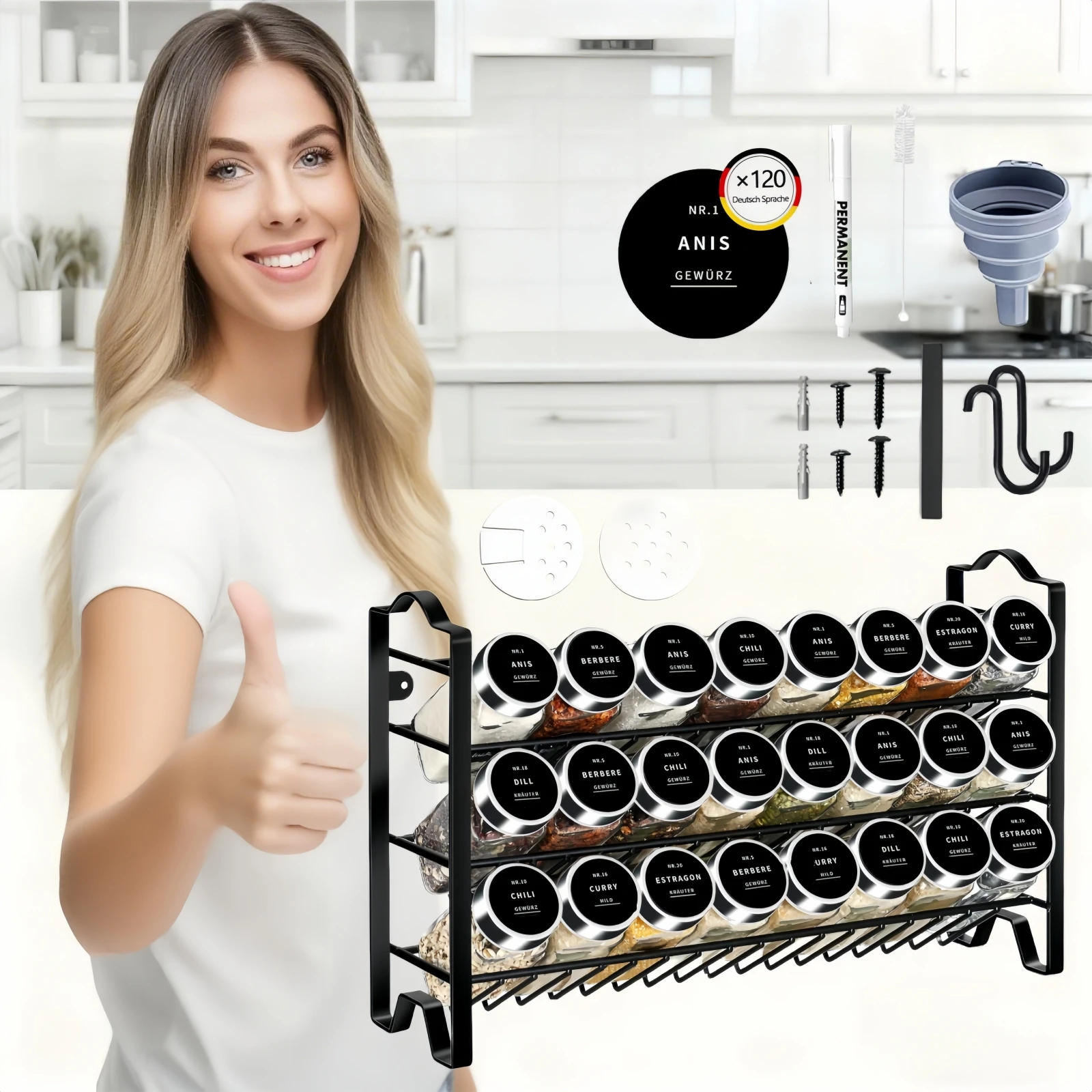 Saeiv 24 tarros de condimentos con rejilla para condimentos, tarros de especias de 120 ml, con aspersor y embudo de etiquetas, accesorios de instalación, caja de almacenamiento de condimentos