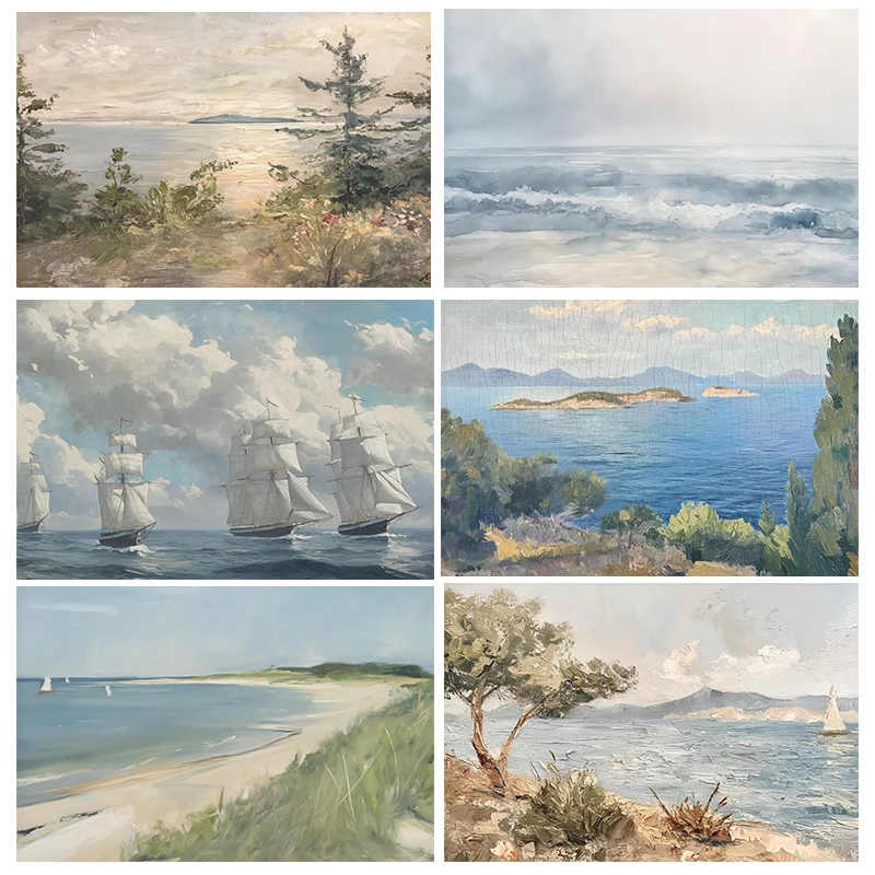 1PC frameless decorative art print,Summer Sea Costal Landscape Posters Vintage Beach Boat Modern Prints Canvas Painting Wall Art