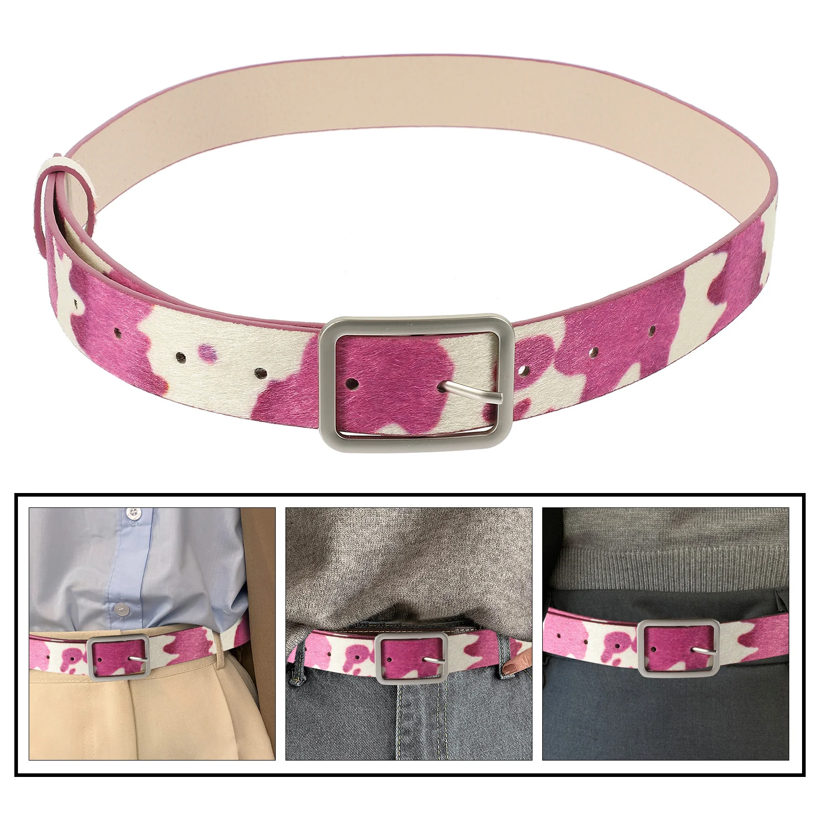 

Cow Print Belt Adjustable Animal Print Waist Band Pu For Women Pants Casual Outfit Accessory