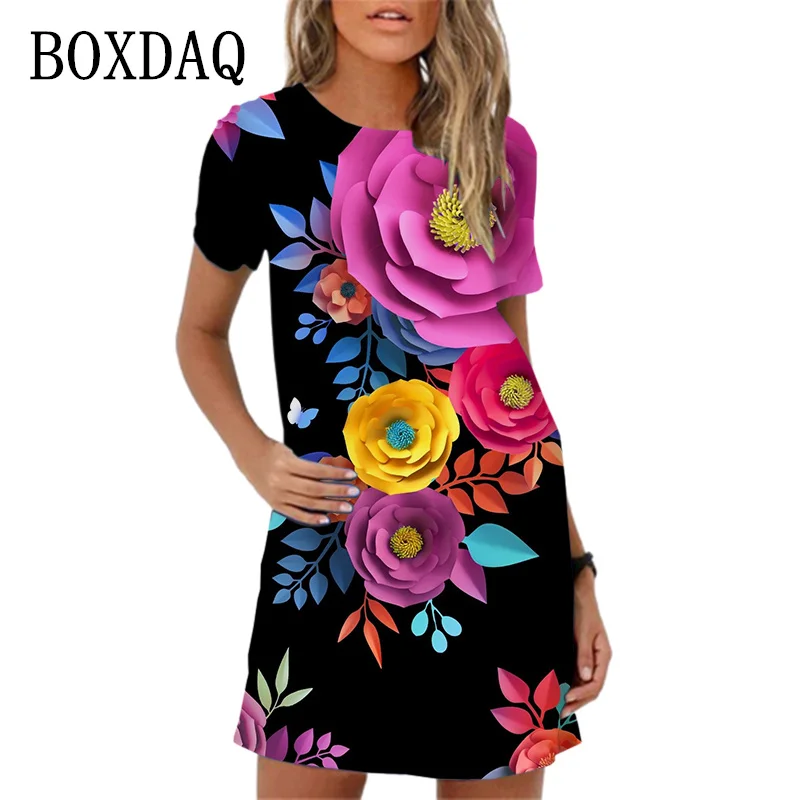 2024 New Spring Dress For Women Floral Print Short Mini Dress Oversized Casual Short Sleeve Women Summer Dress Vestidos