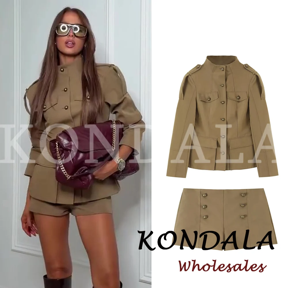 KONDALA Casual Solid Woman 2026 Suits Single Breasted Pocket Slim Jacket+Zipper Mini Shorts Fashion Female Elegant Autumn Sets