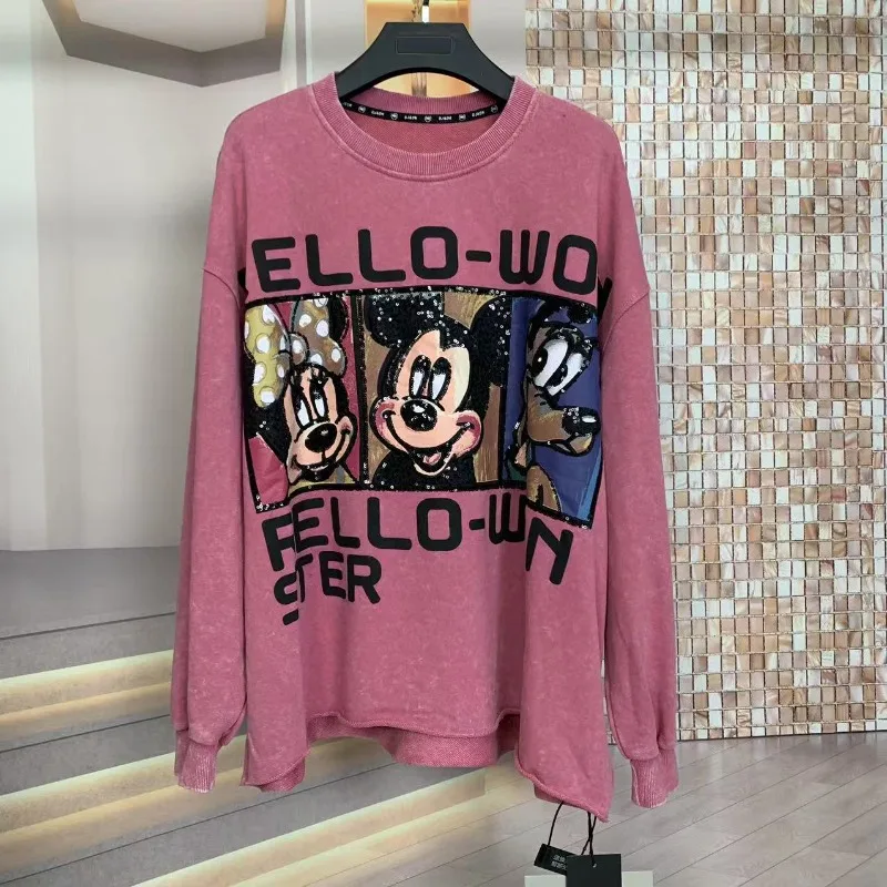 New Autumn Heavy Industry Plaid Cartoon Oversized Round Neck Fashion Loose Sweatshirt Pullover Top Pullovers Pink Black Color