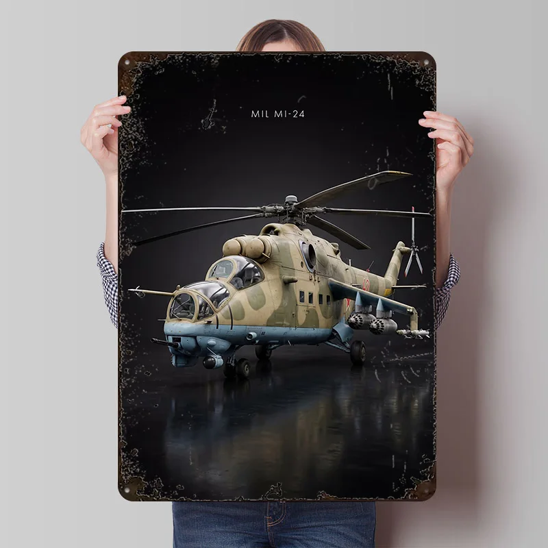 Mil Mi-24 Hind Helicopter Metal Poster Custom Wall Art Retro Vintage Tinplate Signs for Aesthetic Room Decor Men Wand Deko Home