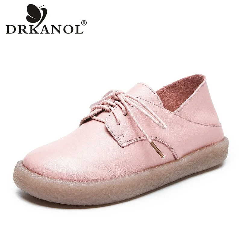 DRKANOL 2024 Fashion Women Genuine Leather Shoes Spring Autumn Soft Cow-Muscle Sole Flat Shoes Women Comfort Loafers Pink Black