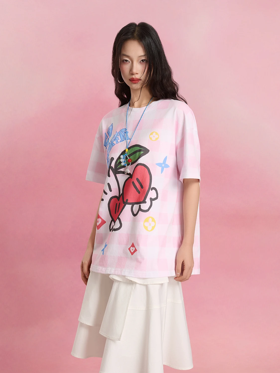 

SOFITTE Summer Casual Cotton T-irt ort Sve Hand-dn Cherry Pattern Fun fiti Loose Fit Women's Top