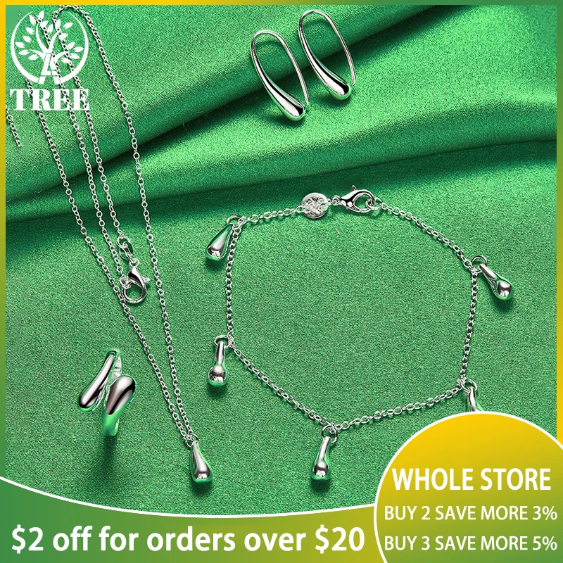 

4PCS Original Jewelry 925 Sterling Silver Water-drop Pendant Necklace Bracelet Earring Ring Sets For Cute Woman Wedding Birthday