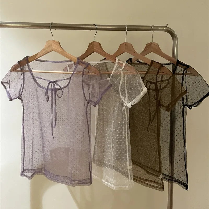 Korean Sle Sweet Fit ort Sve Lace Top with Bow Dry Dot Pattern for Young Women Polyester Fiber round Ne Summer