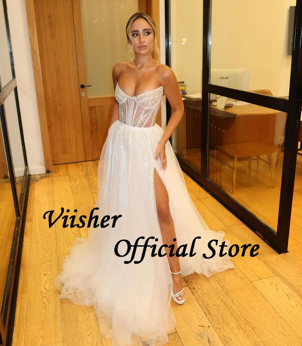 Viisher Sparkly White Tulle Wedding Dresses for Bride Beads Corset Sweetheart Bridal Gowns Israel Beach A Line Bride Dress