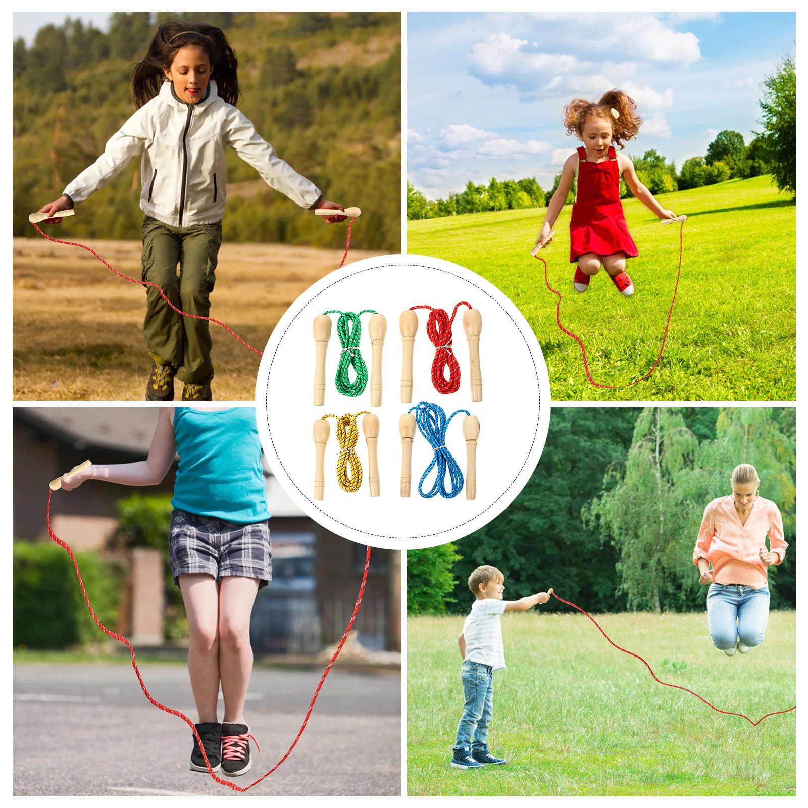 

4pcs Student Jump Adjustable Cotton Braided Rope Wooden Handle For Skipping Fitness Workout Portable Jump Rope