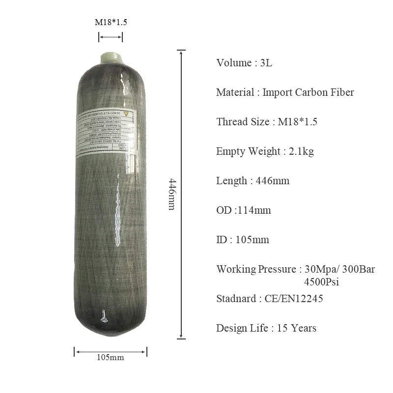 ACECARE 4500PSI 300Bar 3L Cilindro in fibra di carbonio Serbatoio per immersione ad alta pressione Bottiglia HPA per filettatura per immersioni subacquee M18 * 1.5