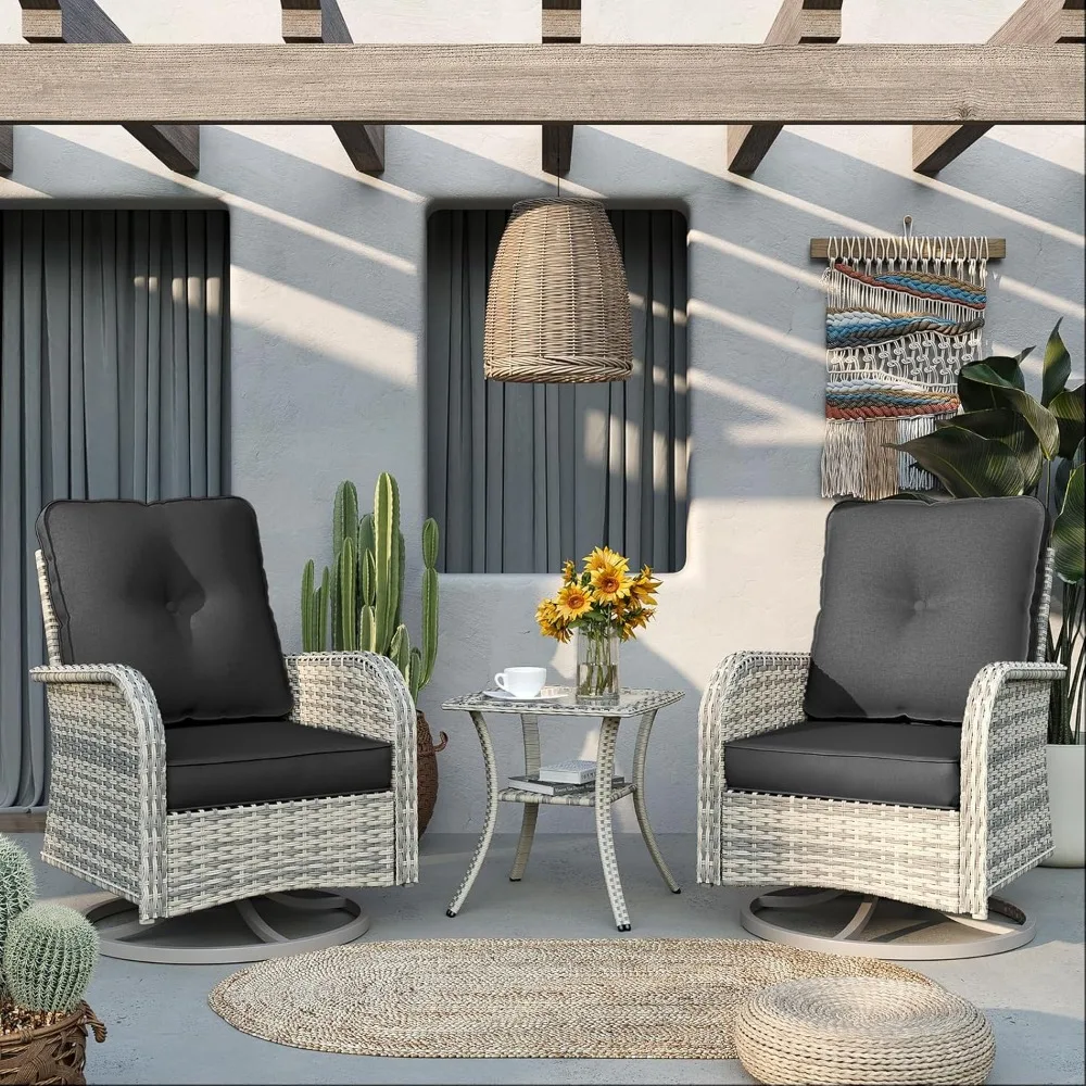 Patio Rocking Swivel Chair Outdoor Wicker Rattan Bistro Set with Tempered Glass Side Table, Outdoor Patio Furniture Set for Gard