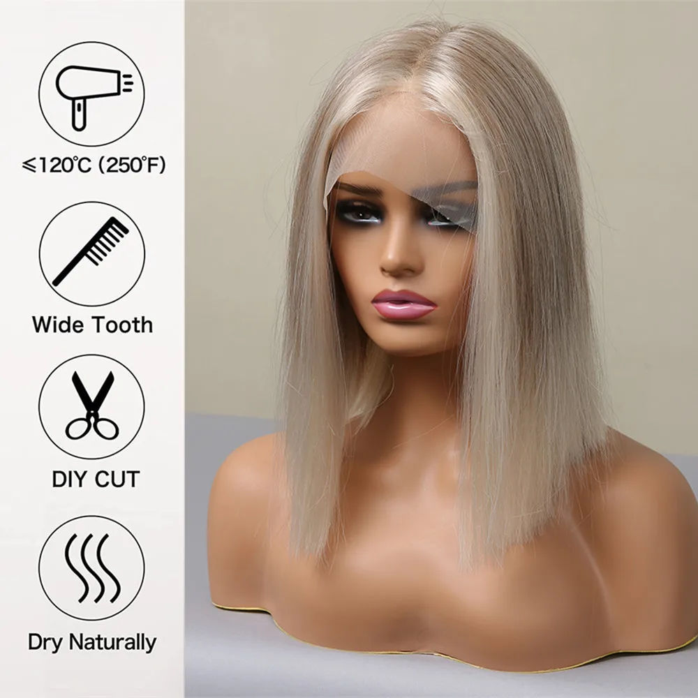 ALAN EATON Blonde Highlight Lace Wig Ash Grey Synthetic Lace front Wigs for Women Afro Natural Hair Bob Wig Straight Wig Cosplay