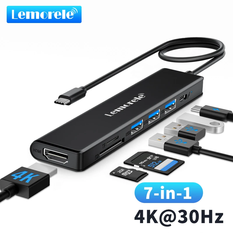 LEMORELE 7-in-1 USB C HUB Dockingstation mit 4K@30Hz Videoausgang, 100 W PD, USB-C&USB-A 3.0 Ports für MacBook, Windows Laptop