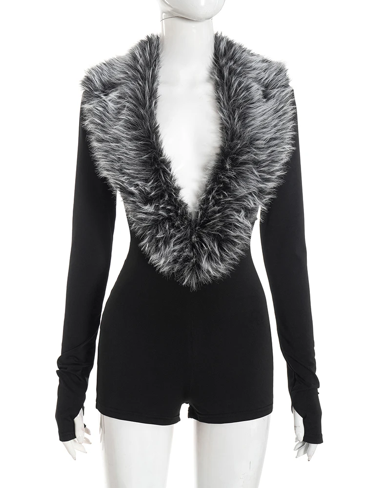 Dziwaczny kombinezon z futerkiem, głęboki dekolt w serek, seksowny, luksusowy, z długim rękawem, obcisły, do ćwiczeń fitness, na co dzień, streetwearowy, hipster, playsuit.