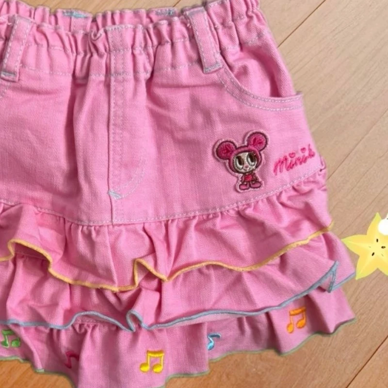 الوردي Kawaii لوليتا نمط مطوي التنانير اليابانية أزياء المرأة الحلو الكرتون الأرنب التطريز كعكة التنانير الصغيرة Y2k Faldas Mujer