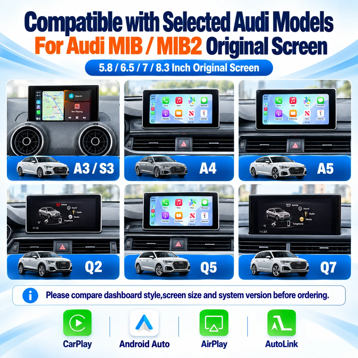 AUTOTOP CarPlay sans fil et Android Auto pour AUDI A3 S3 8v 8W A4 4M A5 F54 F5 Q2 8P Q5 Q7 MIB MIB2 2013-2018, interface Mirror Link AirPlay, prise en charge des fonctions de caméra de recul