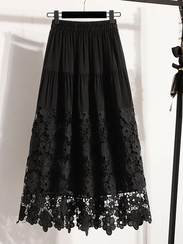 plus Size Lace Splicing Hollow out Half Skirt Spring Summer Elastic Waist Hiding Hip Slimming Long Casual Commute Cake Skirt ...