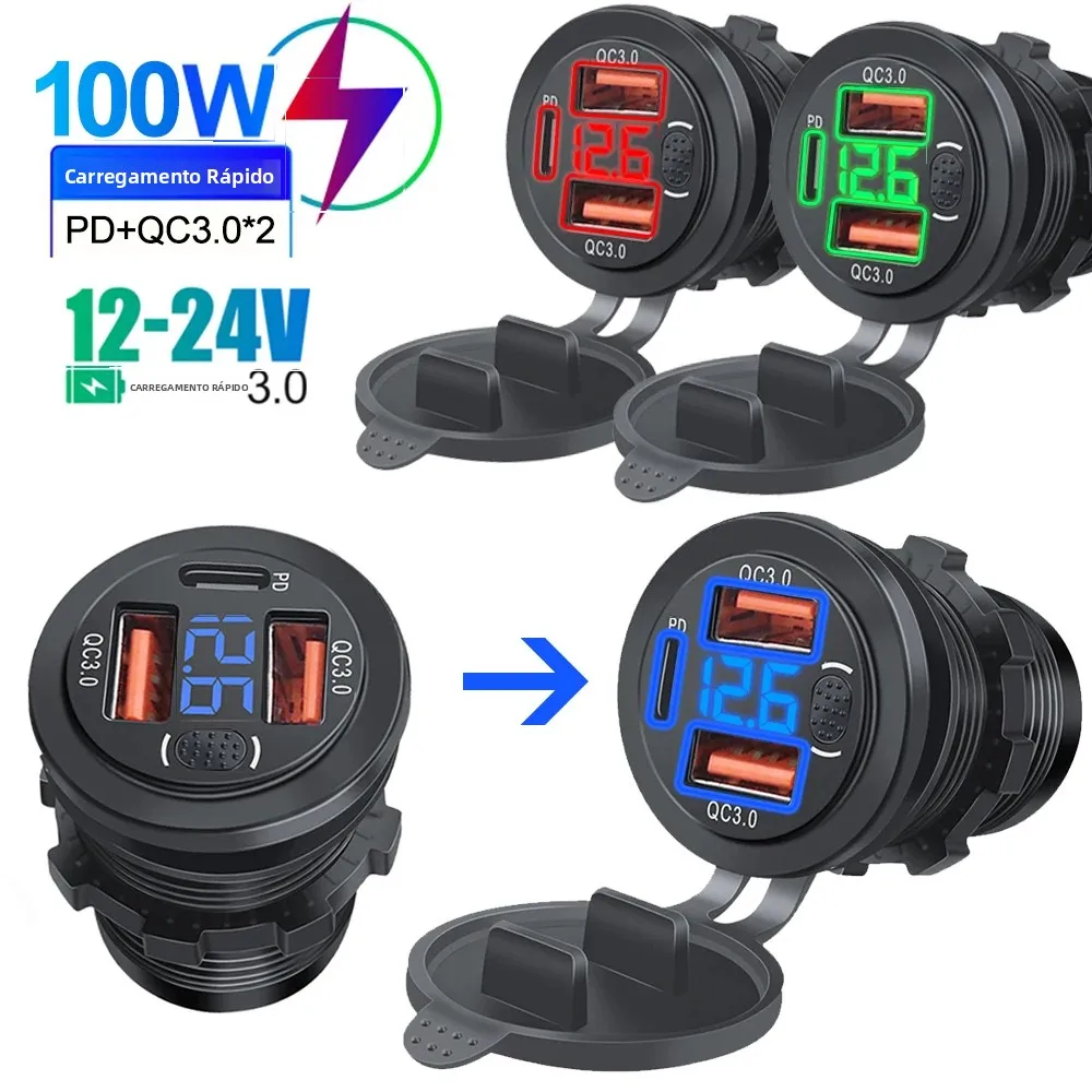 Carregador de carro de três portas PD Dual QC3.0 USB Soquete com interruptor de botão de voltímetro digital 12V / 24V para carro de motocicleta
