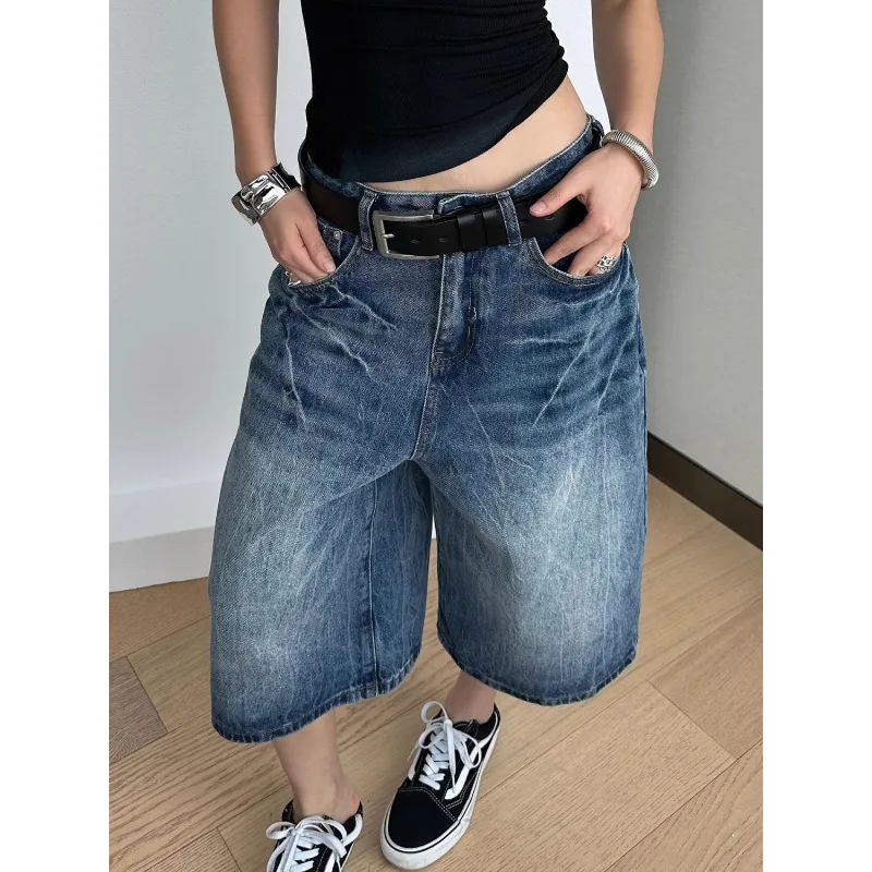 

Женские джинсы в американском стиле, винтажные свободные шорты с широкими штанинами, прямые джинсовые шорты, модный дизайн, летние шорты Y2k в готическом стиле