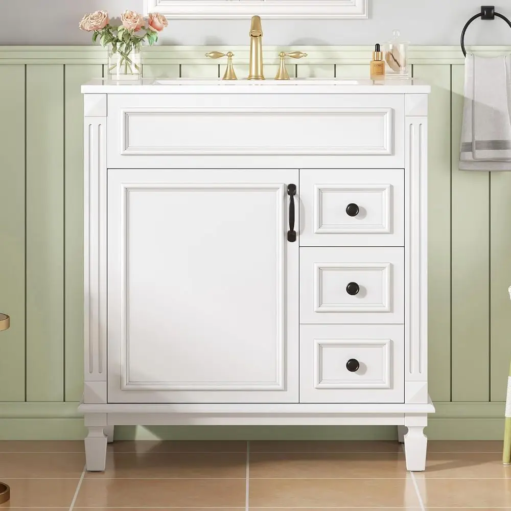 

30 White Bathroom Vanity with Sink, Double Drawers, Vintage Handles, Ceramic Top, Solid Wood Construction