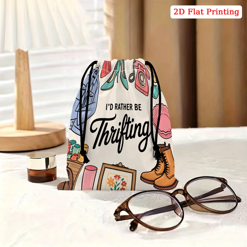 1pc Retro Style Drawstring Bag White Vintage Thrifting Print Storage Small Pouch For Travel Cosmetics Organization Women Portabl