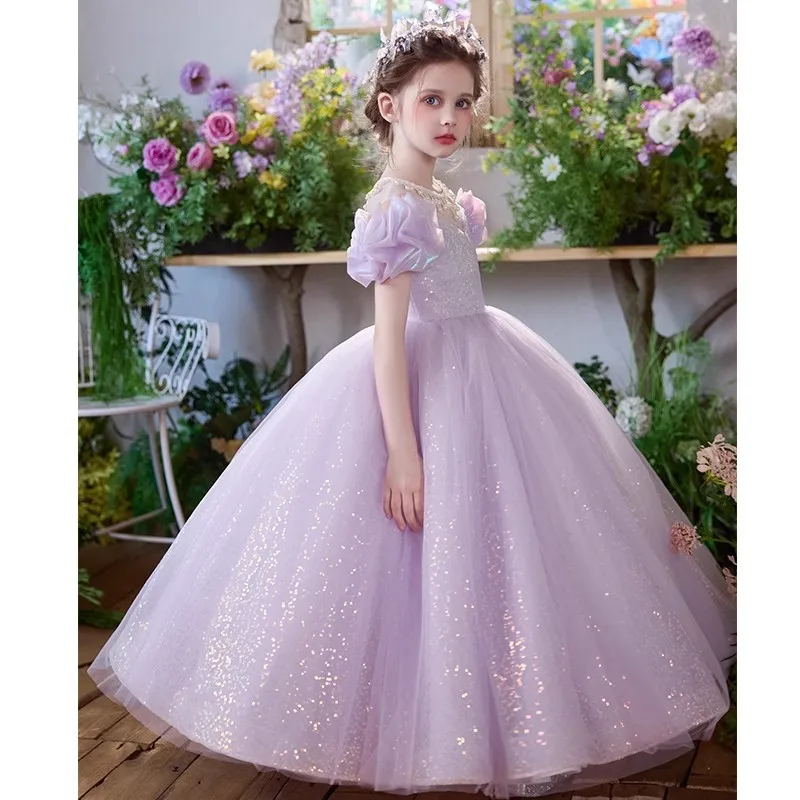 

Girls' Dress2025Summer New Purple Little Host Children's Piano Performance Dress Flower Girl Gown