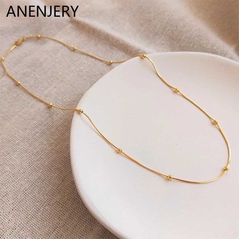 ANENJERY 316L Stainless Steel Beads Snake Bone Chain Necklace for Women Basic Simple Clavicle Necklace Jewelry Gift