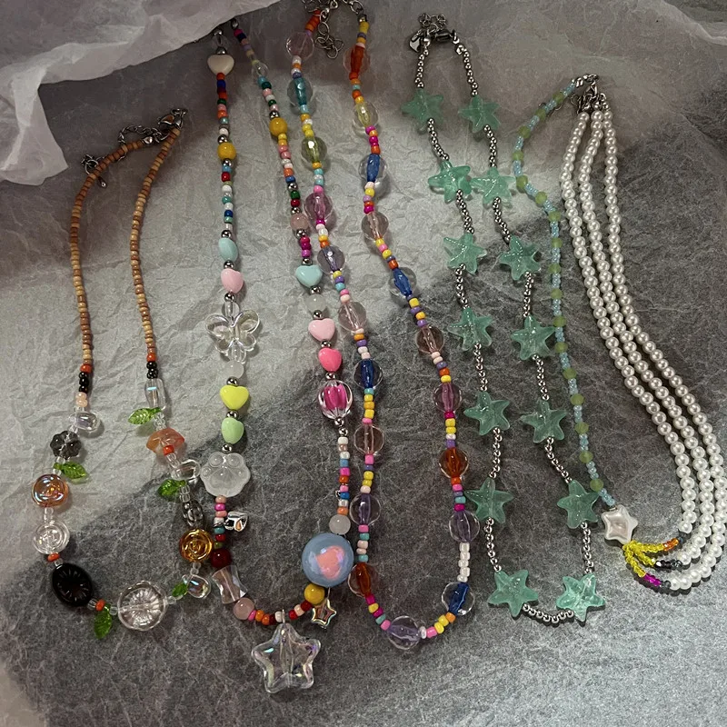 Böhmen Candy Farbe Niedliche Halskette für Frauen Stern Anhänger Perlen Schlüsselbein Kette Halsketten Mehrfarbig Y2K Urlaub Zubehör