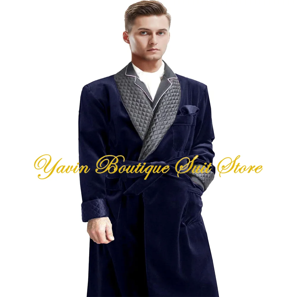 Men's Long Velvet Smoking Jacket with Belt Shawl Lapel Smoking Robe Quilted Dressing Gown