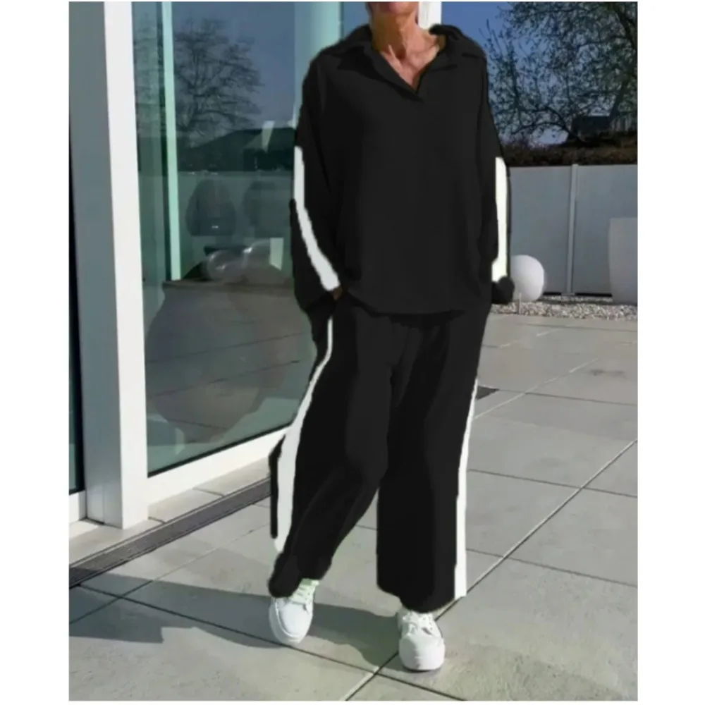 Лето 2023, повседневные костюмы, горячая распродажа, новый женский модный модный спортивный костюм с лацканами, топ с длинными рукавами, повседневный комплект из двух предметов