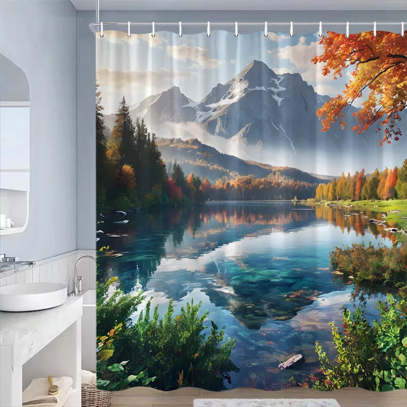 Autumn Rustic Landscape Shower Curtains Mountain Forest Lake Red Maple Tree Nature Scenery Polyester Home Bathroom Curtain Decor